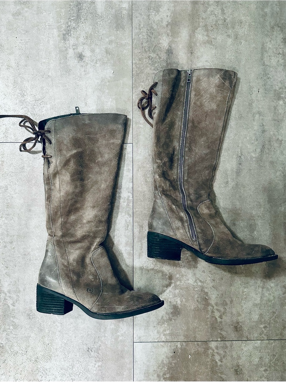Born Knee-High Suede Heeled Boots in Taupe Brown